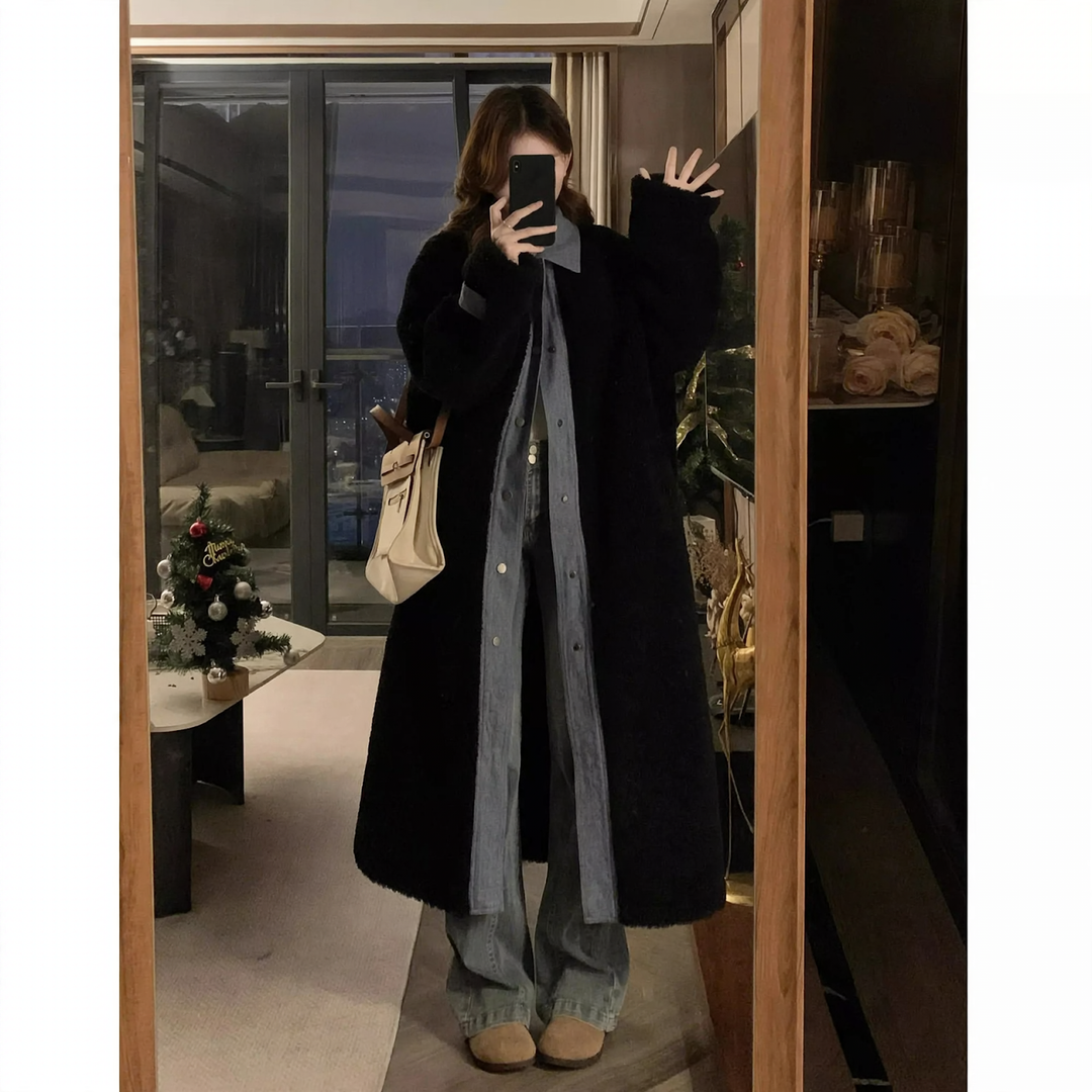 Women's coat in lambskin look, mid-length, lined