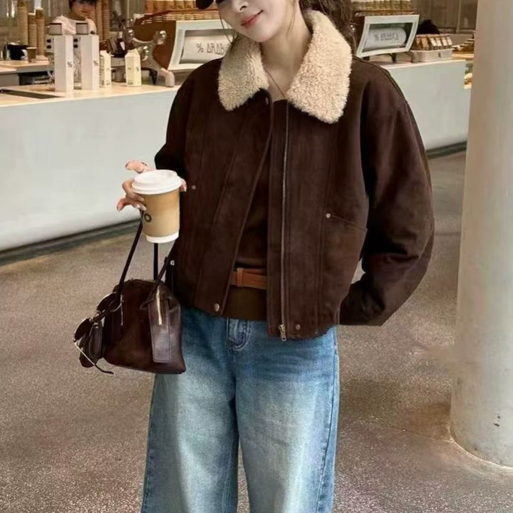 Women’s winter jacket, suede look, lambskin lining