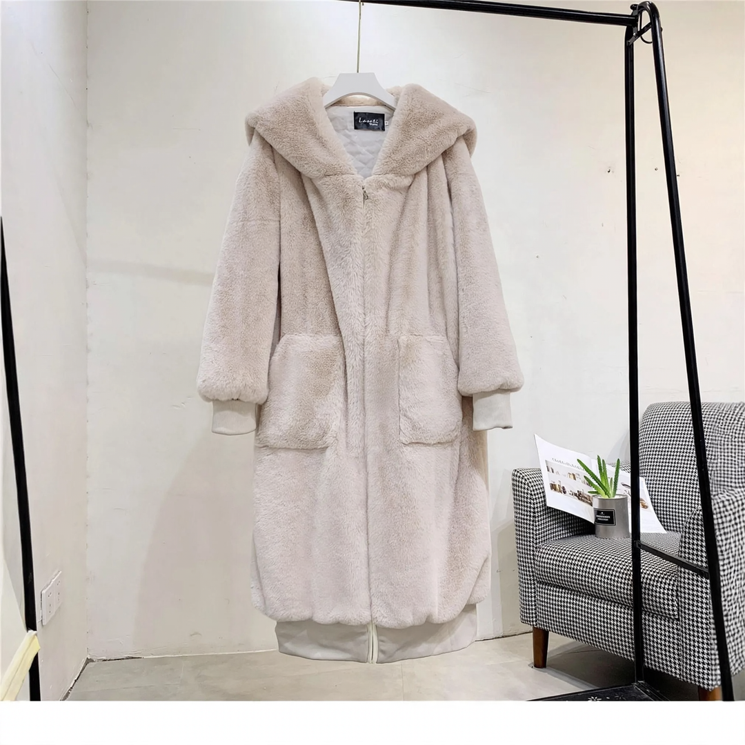 Long women's faux fur coat with hood
