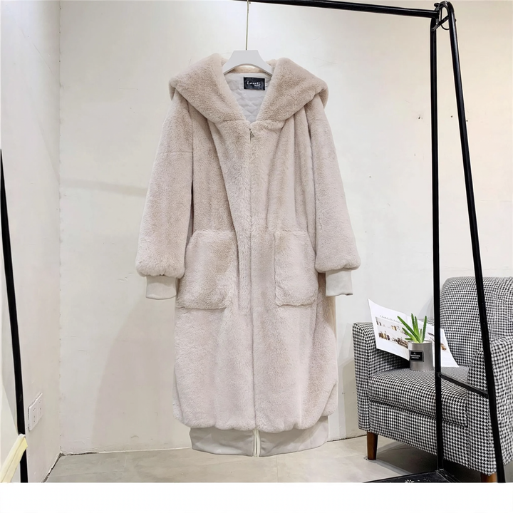 Long women's faux fur coat with hood