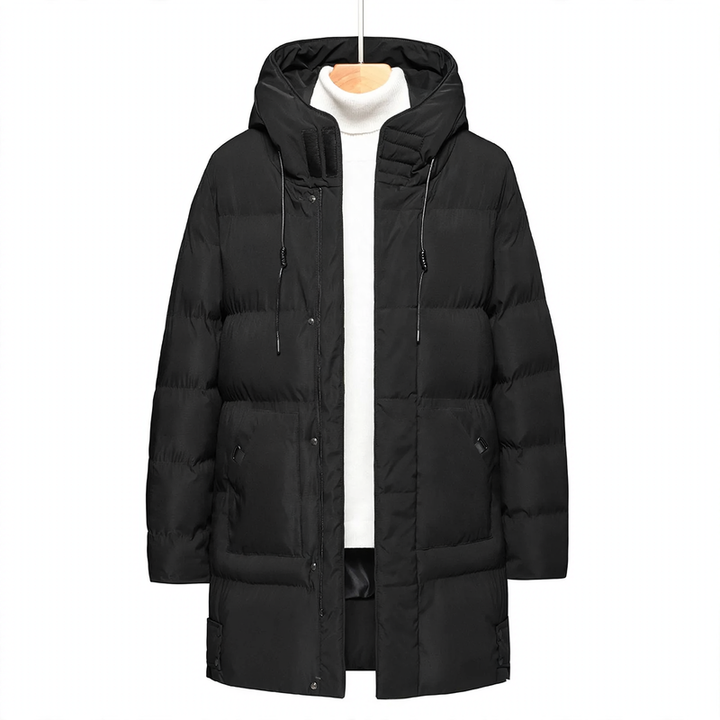 Long men's hooded jacket, lined, windproof