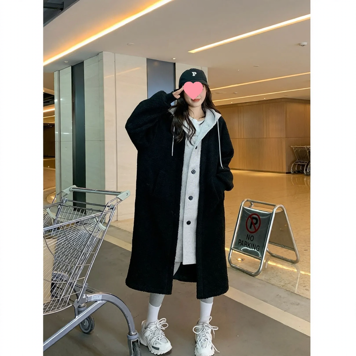 Lamb fleece hooded coat for women, long, loose fit