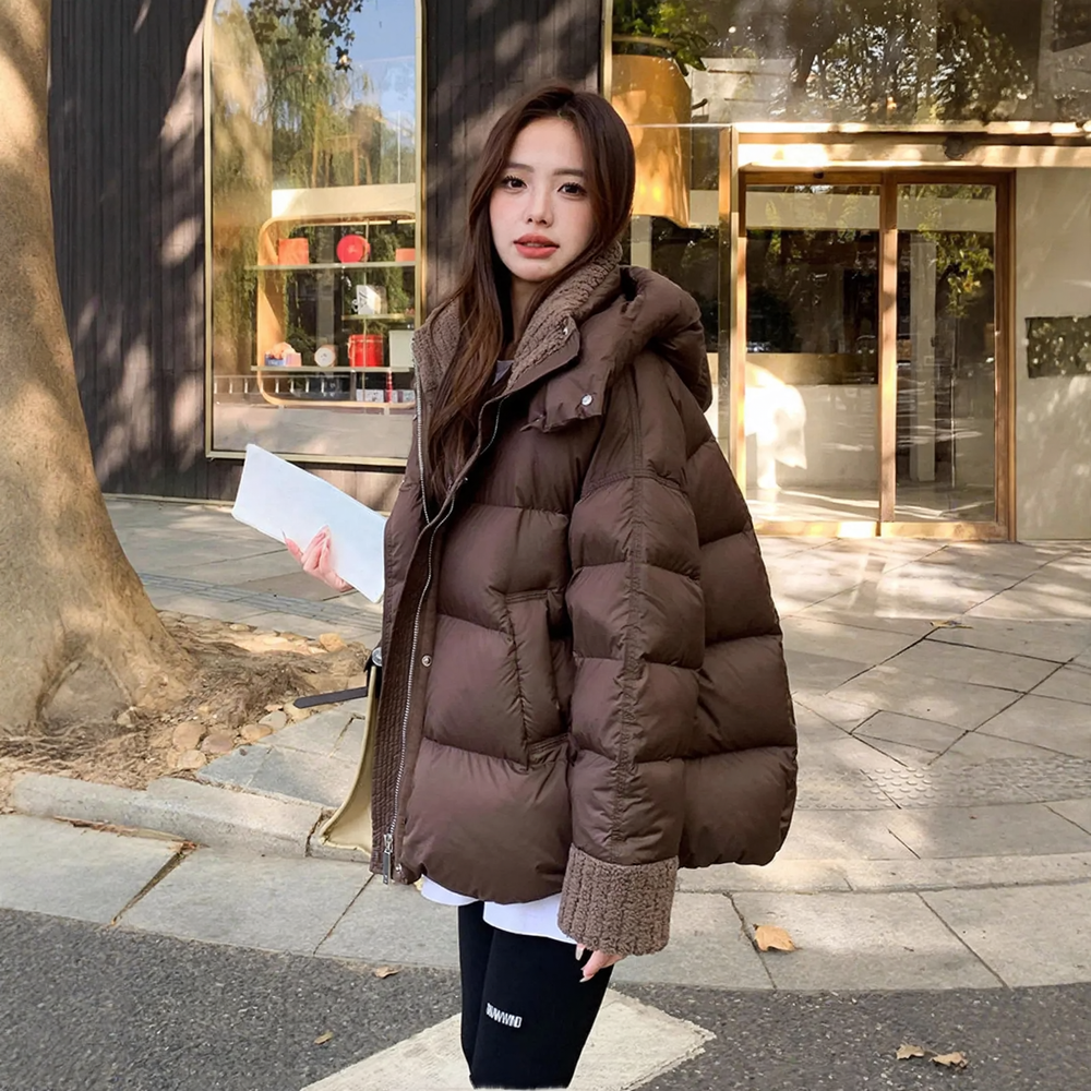 Padded winter jacket with lambskin imitation collar