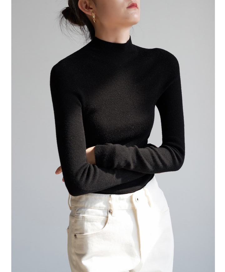 Women's wool knit sweater with stand-up collar