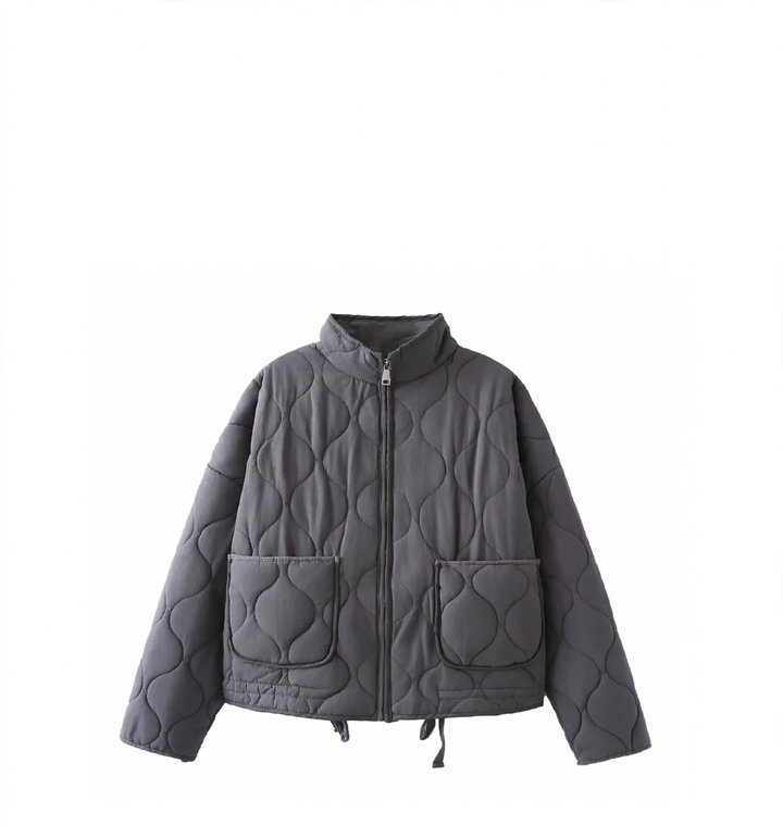 Women's padded jacket with stand-up collar and tie belt