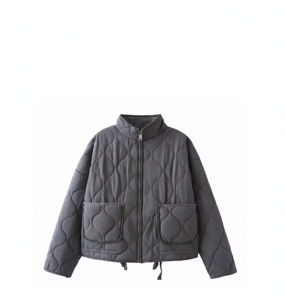 Women's quilted jacket with standing collar and tie belt