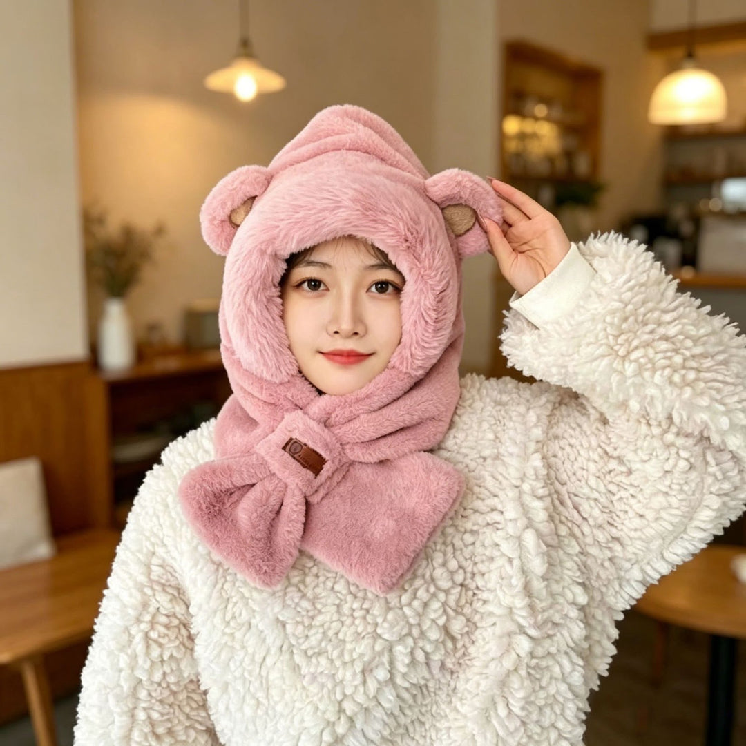 Plush hat with ears and scarf, one size