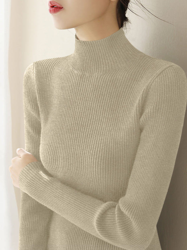 Women's knitted pullover with stand-up collar, slim fit