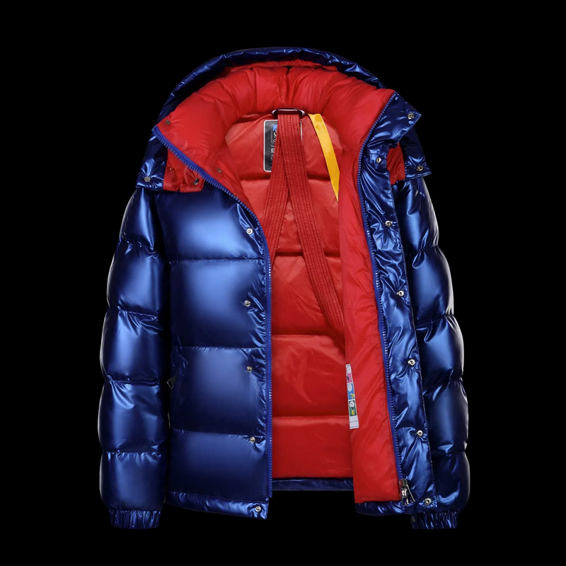 Short men's down jacket with hood, shiny