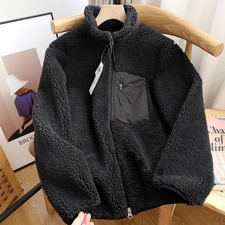 Relaxed fit fleece jacket with stand-up collar and pockets