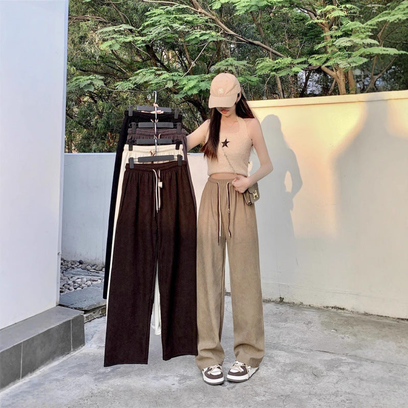 Cord Wide Pants with Drawstring and High Waist