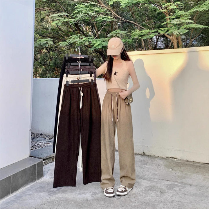 Cord Wide Pants with Drawstring and High Waist