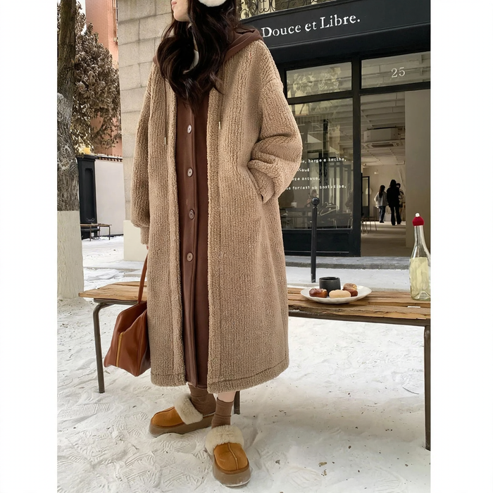 Long women's hooded jacket in layered look with lambskin appearance