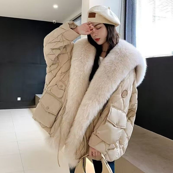 Mid-length faux fur coat with sailor collar
