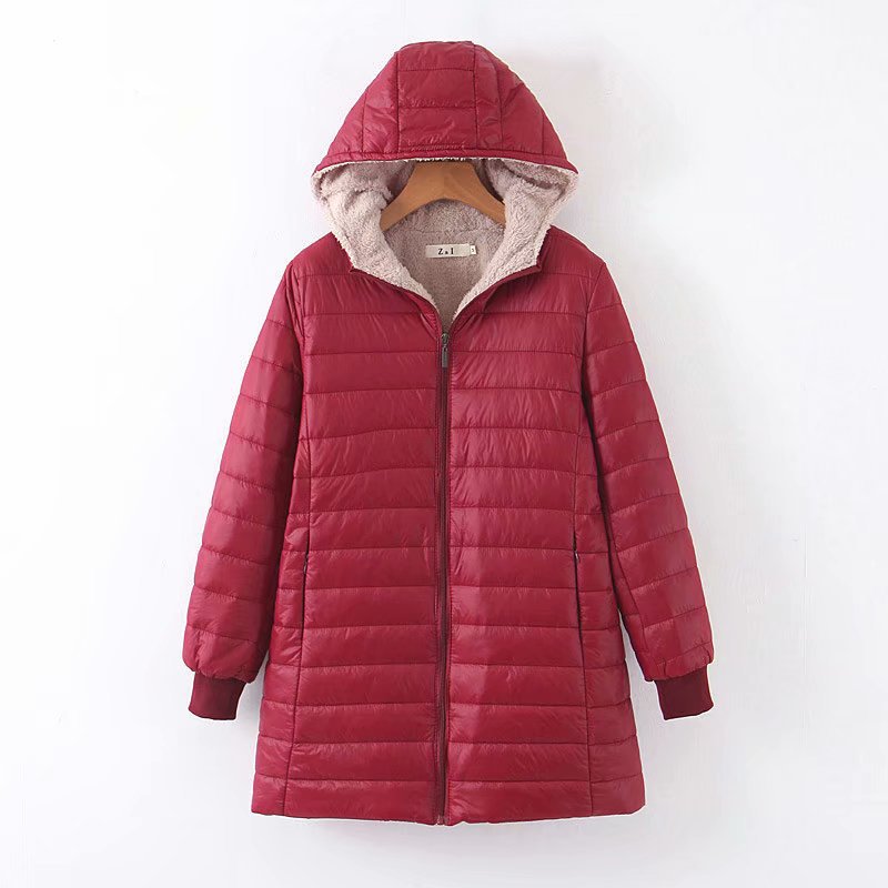 Padded women's winter coat with hood and lambskin look