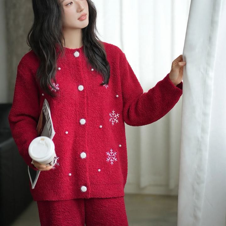 Soft flannel home suit set, red, winter