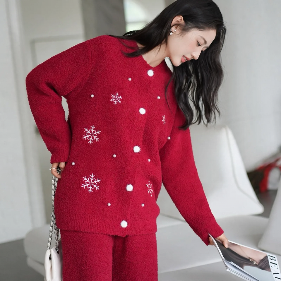 Soft flannel home suit set, red, winter