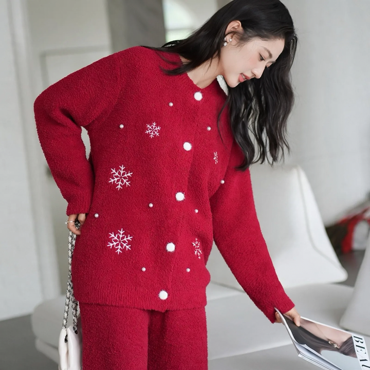 Soft flannel home suit set, red, winter