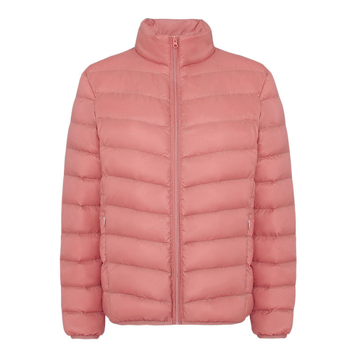 Light women's down jacket with stand-up collar
