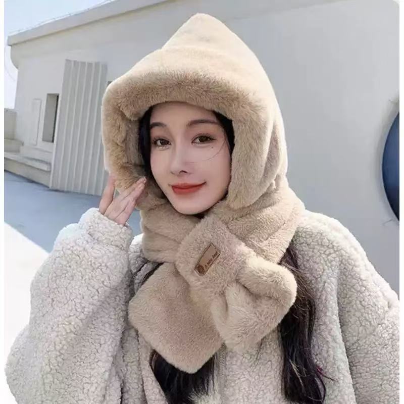 Women's plush hat with bear ears and scarf set
