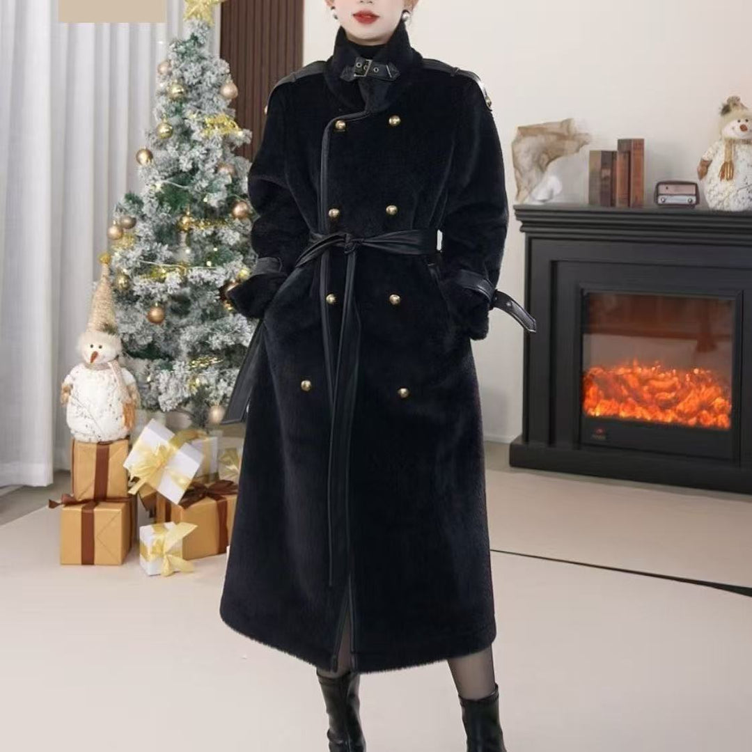 Long women's sheepskin coat with belt