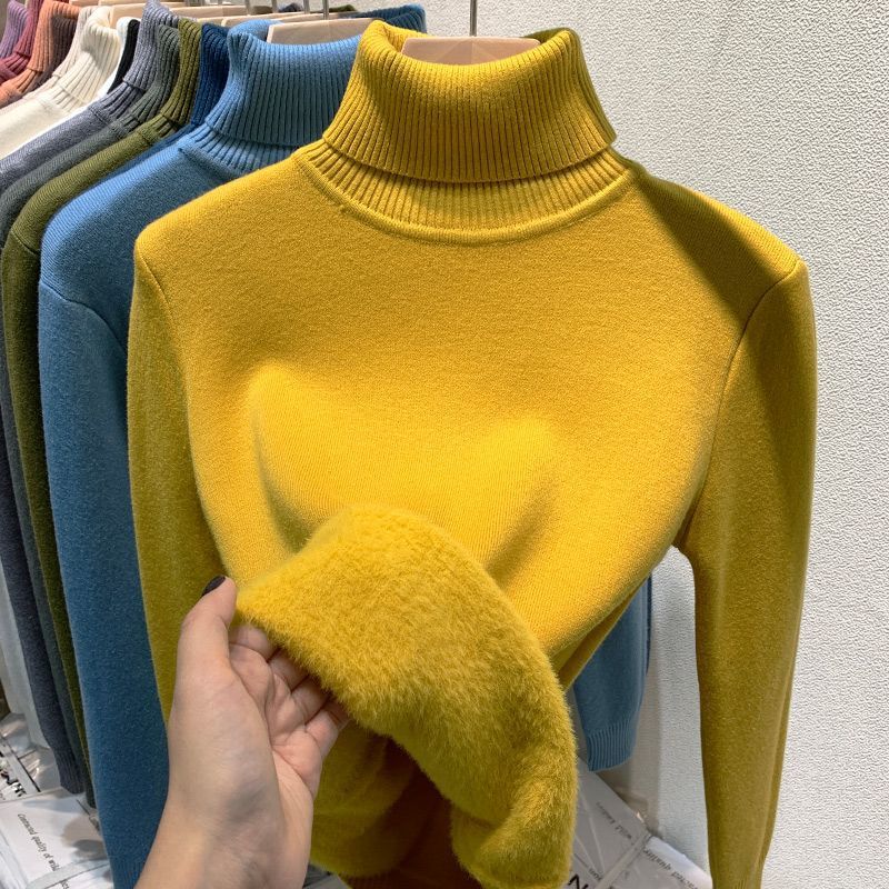 Padded women's turtleneck sweater, knitted, slim fit