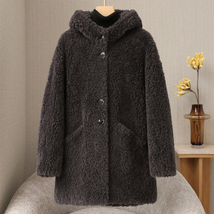 Women's shearling coat, medium-length, with hood and button placket
