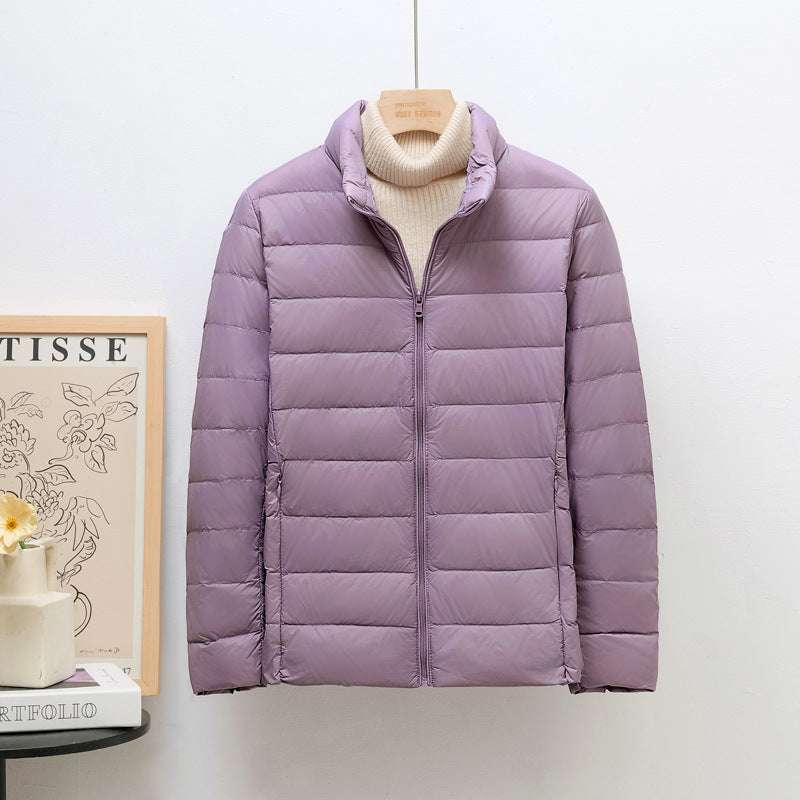 Women's down jacket, lightweight, stand collar, short