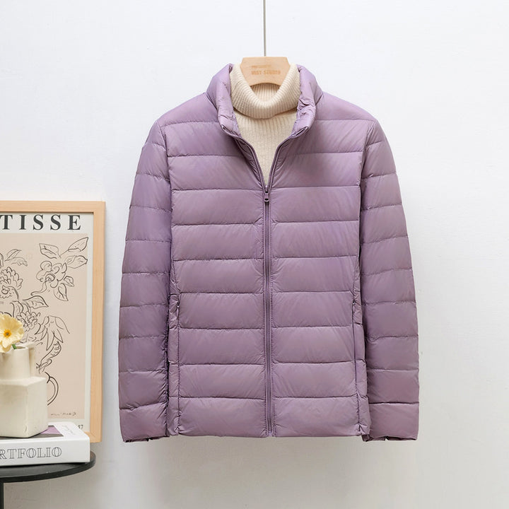 Women's down jacket, lightweight, stand collar, short