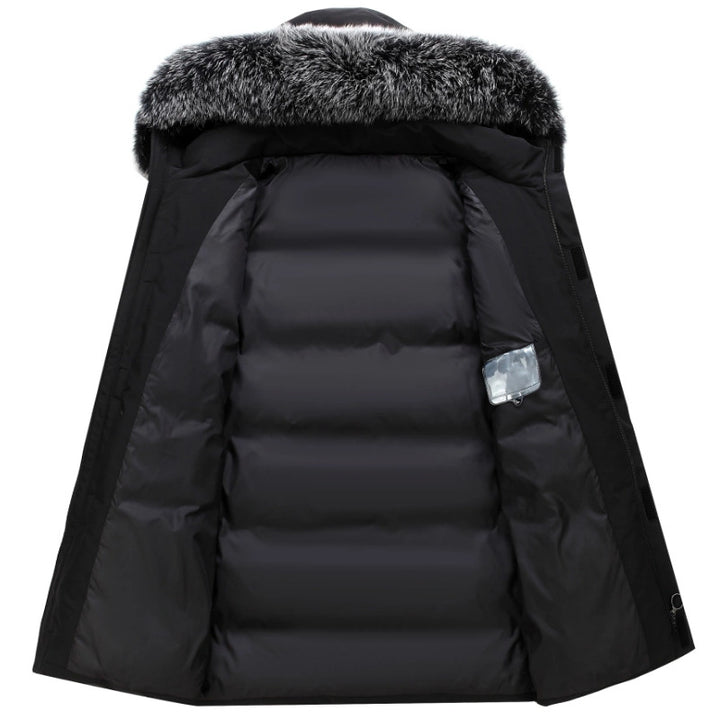 Mid-length men's down jacket with hood and fur collar