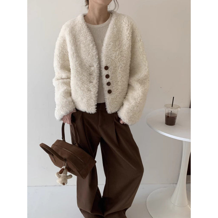 Women's short coat, lambskin look, V-neck