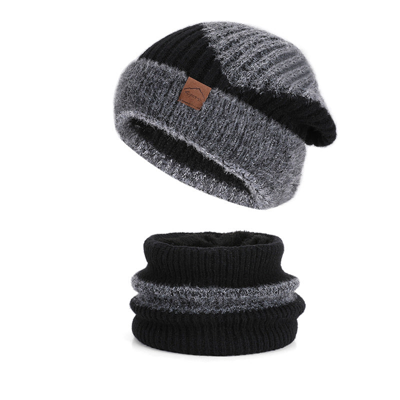 Knitted beanie and scarf set, lined, two-colored