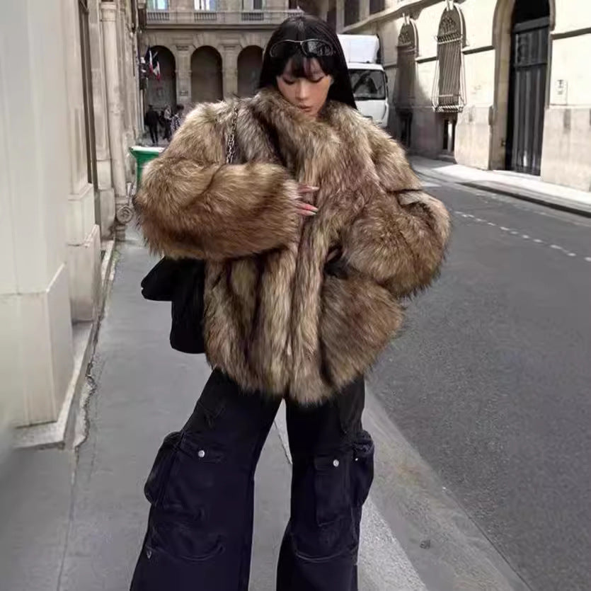 Faux fur coat with lapel collar, European style