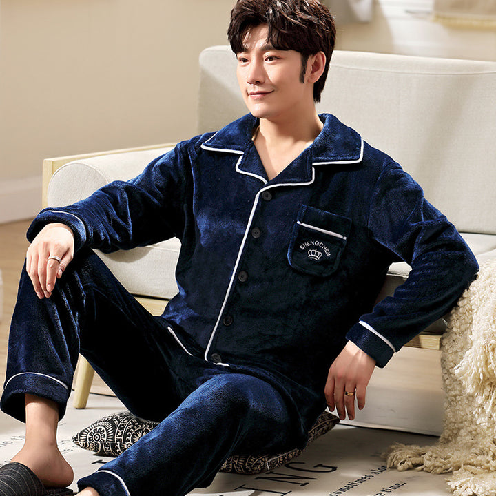 Men's Flannel Pajama Set, Embroidered, Simple