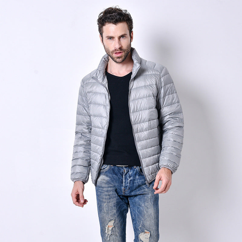 Light men’s down jacket, stand-up collar, slim fit