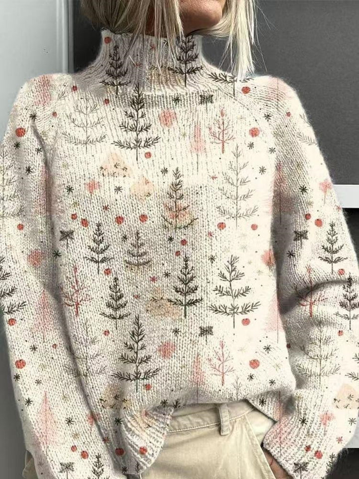 Loose women's sweater with turtleneck and Christmas print