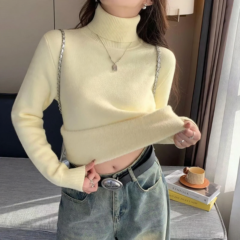 Women's knitted pullover with roll neck, fitted