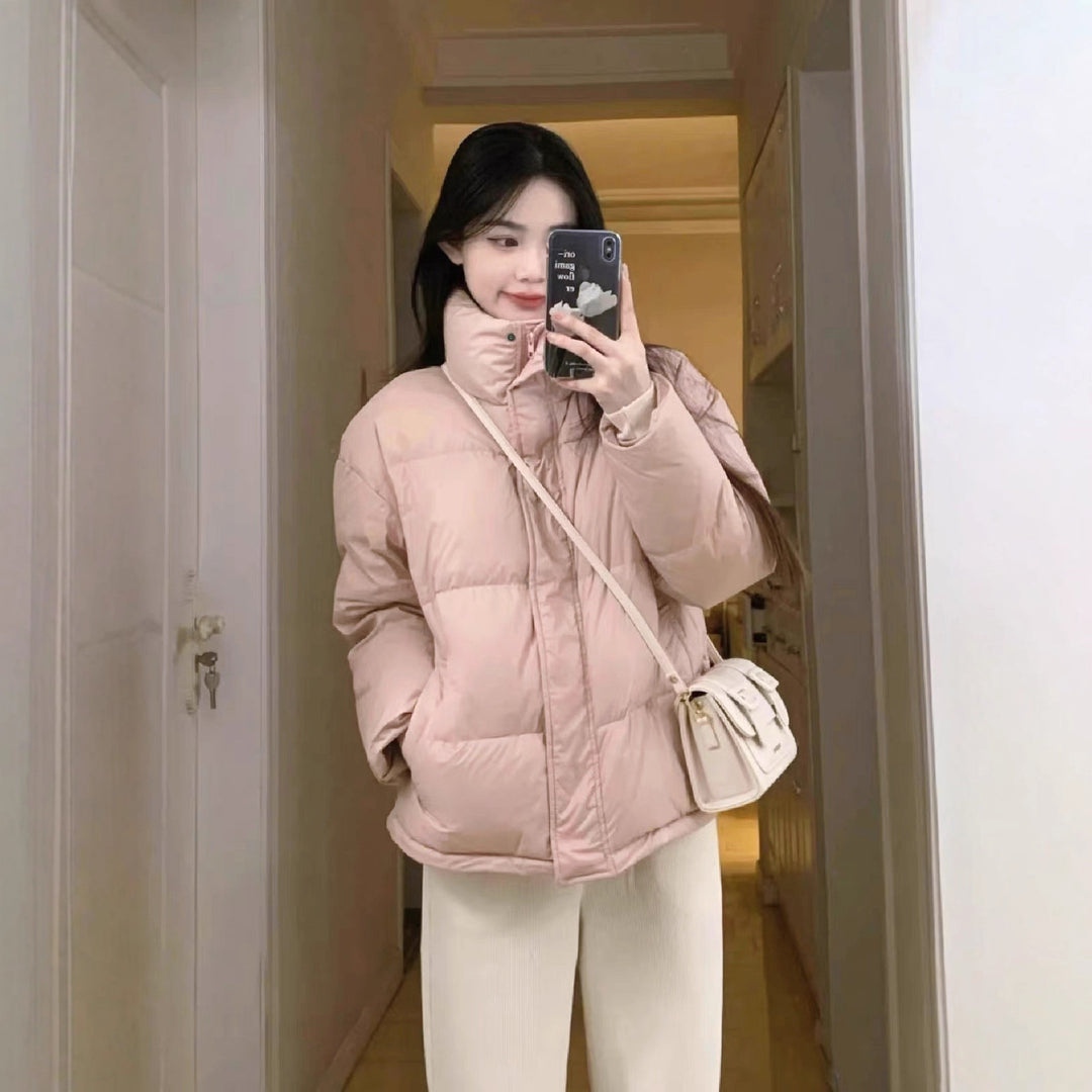 Short down jacket for girls, 95% white duck down, stand-up collar