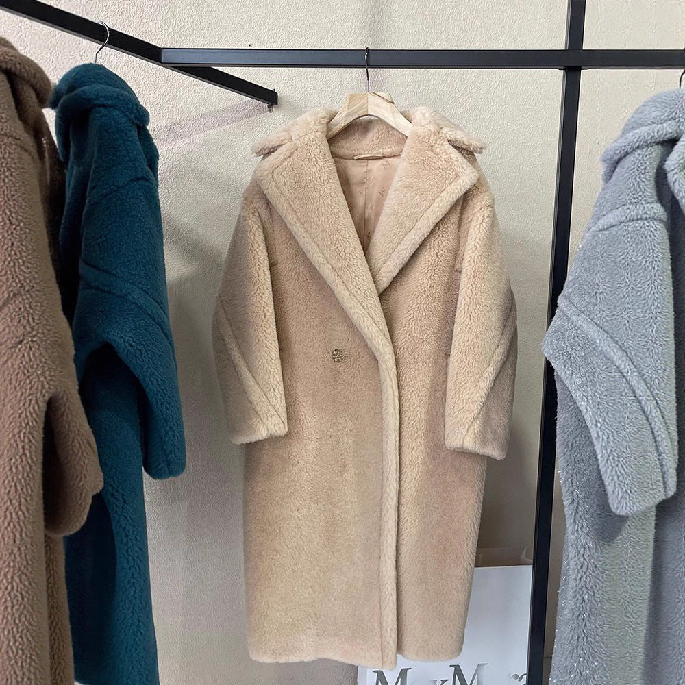 Long teddy coat made of alpaca wool, loose fit