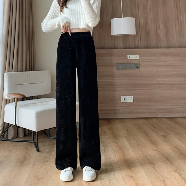 Fleece-lined cord wide pants for women, straight cut