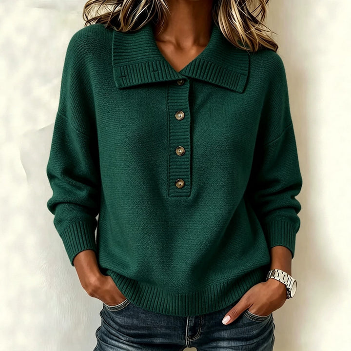 Women's knit sweater with button placket and stand-up collar