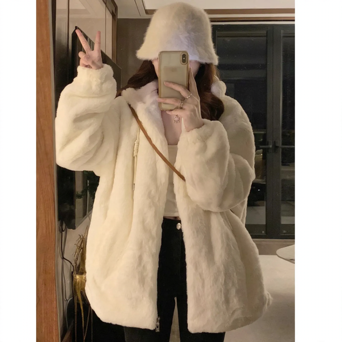 Casual lamb fleece hooded jacket for women