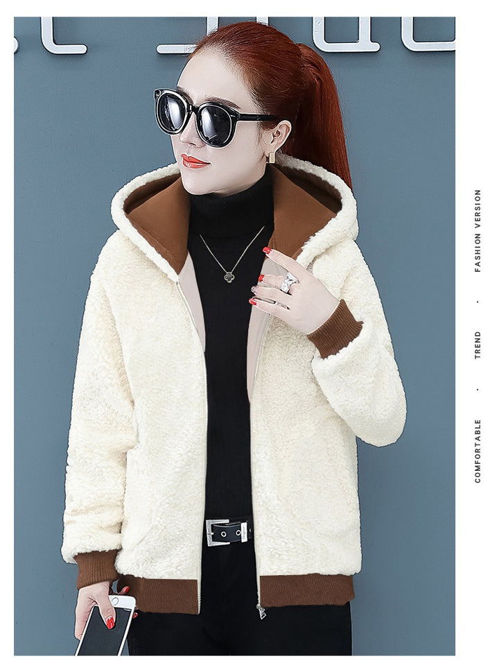 Lamb fleece coat, hood, padded