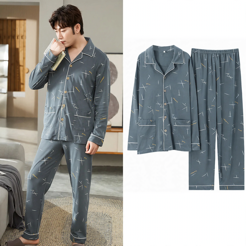 Men's Pajama Set, Cotton, Long Sleeve, with Button Placket