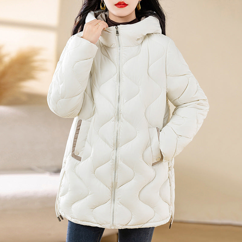 Women's quilted jacket, medium length, collarless