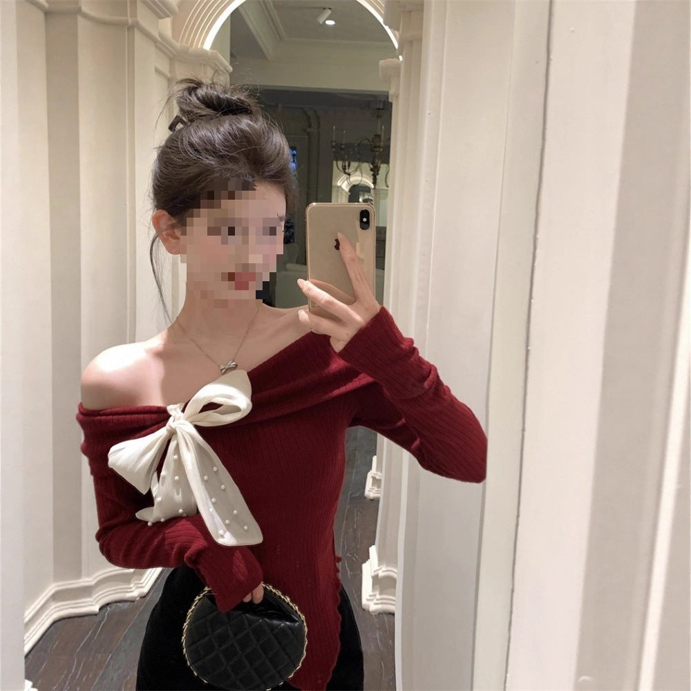 Off-the-shoulder knit sweater with bow, long sleeve