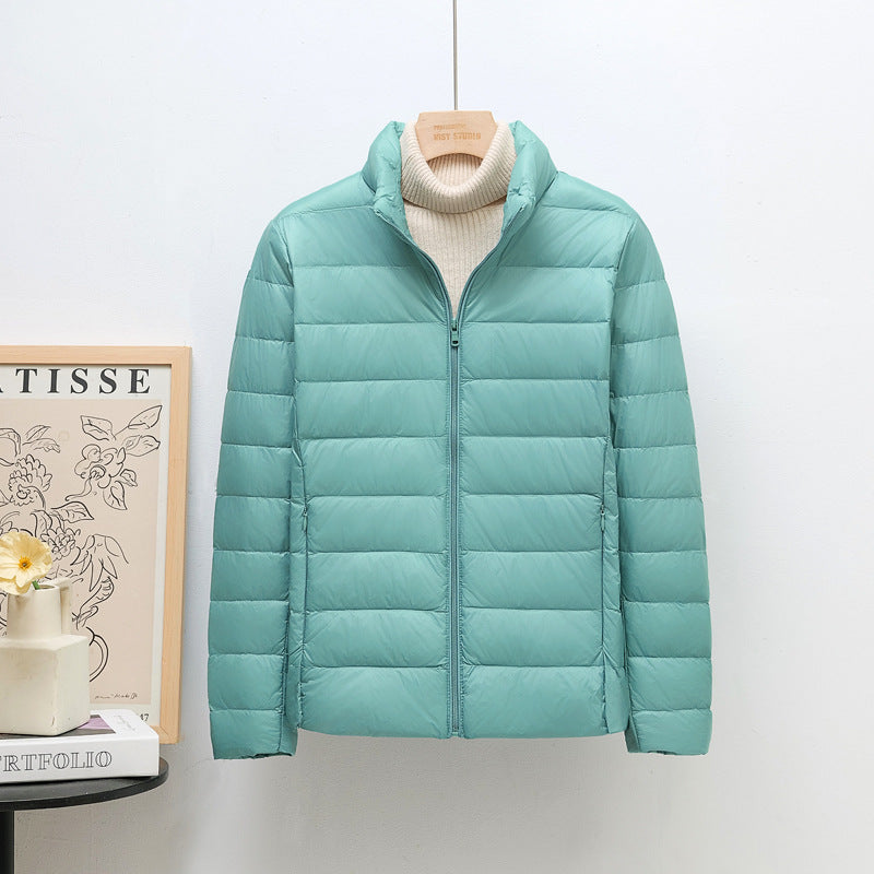 Women's down jacket, lightweight, stand collar, short
