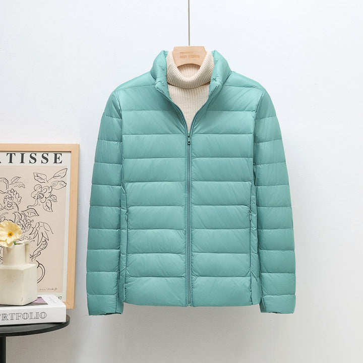 Women's down jacket, lightweight, stand collar, short