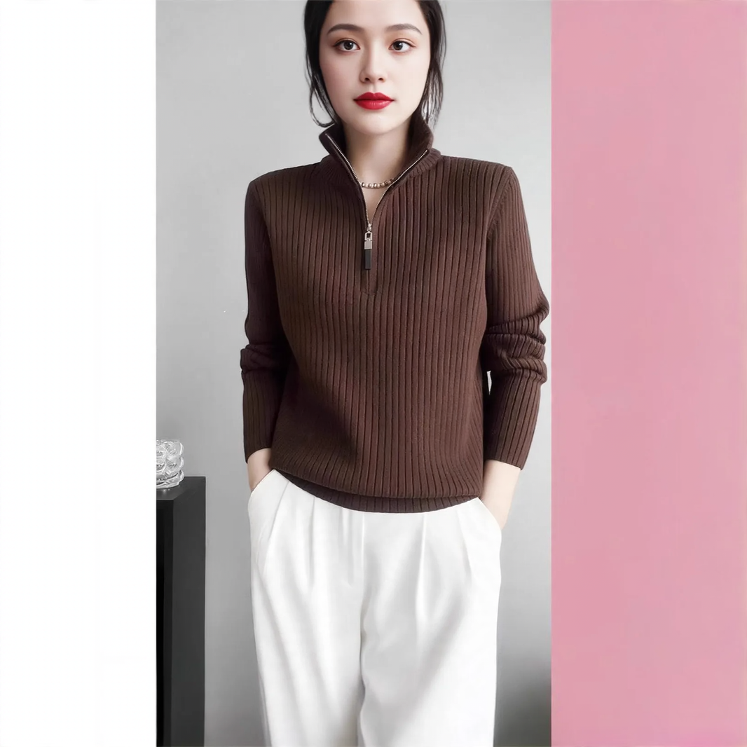 Women's knit sweater with zipper and finger holes