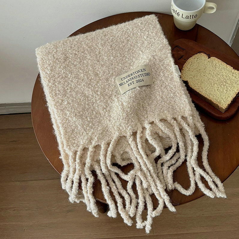 Long Alpaca Scarf with Fringes and Letter Application